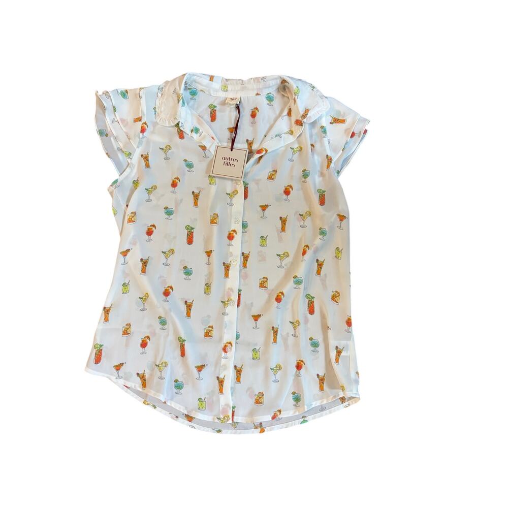 Womens XS Autres Filles White‎ Cocktail Print Flutter Sleeve Blouse NWT